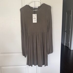 ZARA Smocked Long Sleeve Shift Dress in Taupe